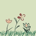 Simple three tulip flowers and green grass isolated on white background. Botanical doodle, drawing floral pattern silhouette