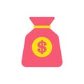 Simple tied red sack full cash money with yellow circle dollar emblem vector flat illustration