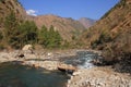 Simple timber bridge and Langtang Khola, river in Nepal.