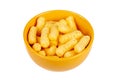 Simple tiny bowl of delicious crispy snacks, crunchy crusty yellow traditional crisps in a small orange bowl, object isolated