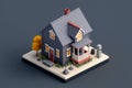 Simple tiny house 3D, isometric model with space for text. Real estate conceptual, rent, home management. Home construction and Royalty Free Stock Photo