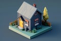 Simple tiny house 3D, isometric model with space for text. Real estate conceptual, rent, home management. Home construction and Royalty Free Stock Photo