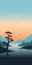 Minimalistic Chinese Landscape Illustration: Tranquil Bight With Tundras And Trees