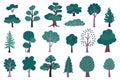 Simple trees. Forest silhouette icons, plant pine and bush trunk design, brown branch and green leaves, modern Royalty Free Stock Photo