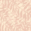 Simple tropical seamless pattern with leaf branches. Pastel foliage silhouettes stylized artwork in pink tones