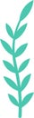 Simple turquoise botanical branch growing upwards with multiple leaves on each side on plain white background, ideal for