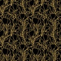simple two-tone seamless pattern of golden large contours of flowers on a black background