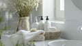 A simple and uncluttered bathroom with a few select products and a clean unadorned design evoking a calming and serene