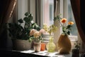 simple vase of flowers and indoor plants on the windowsill