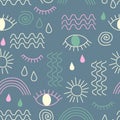 Simple vector abstract seamless pattern with eyes, waves, sun, drops, rainbow. Royalty Free Stock Photo