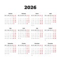 Simple vector calendar on 2026. Start from Monday