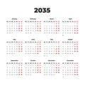 Simple vector calendar on 2035. Start from Monday Royalty Free Stock Photo