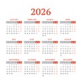 Simple vector calendar on 2026. Start from Monday