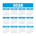 Simple Vector Calendar 2026. Weeks start on Sunday
