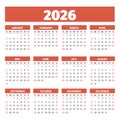 2026 Simple vector calendar. Weeks start on Sunday