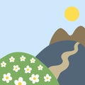 Simple vector cartoon landscape with place for text. Blue sky, sun, hills, chamomile flowers, road, mountain. Spring summer day.