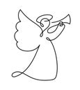 Simple vector Christmas angel with trumpet, continuous line drawing, print for clothes and logo design, emblem or Royalty Free Stock Photo