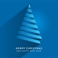 Simple vector christmas tree made from paper stripe - original new year card. Volume blue paper cut fir like arrow with shadow Royalty Free Stock Photo