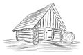 Simple vector drawing of an old wooden cottage. Sketch of a farm building from black lines on a white background.