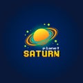 Simple vector flat art illustration of saturn planet and stars with pixel art text