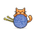 Simple vector flat pixel art illustration of cartoon joyful red cat play with yarn Royalty Free Stock Photo