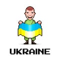 Simple vector flat pixel art illustration of cartoon soldier holding the flag of Ukraine