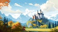 simple vector flat vector illustration, Neuschwanstein Castle in a wonderful alpine landscape. Neuschawnstein Castle