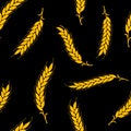 Simple vector gold ears of wheat on black background. Dark Seamless pattern. Royalty Free Stock Photo