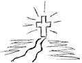 Simple vector grunge sketch of the Way to Faith. Black and white outline illustration of a path and a glowing cross at the end of