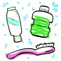 Simple Vector Hand Draw Sketch of blue Tooth Paste, Pink Brush and Green Mouth Wash, Isolated on White