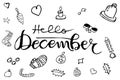 Simple Vector Hand Draw Sketch Lettering, Hello December, with christmas accessories