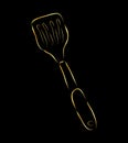 simple vector hand draw sketch spatula, gold golden at black background