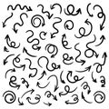 Simple vector hand drawn arrow set. Round, zigzag, curve, spiral shapes. Signs and symbols for website, banner design