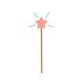 Simple vector icon of magic wand with star on its tip and shiny lines around. Flat magic wand illustration, isolated on Royalty Free Stock Photo