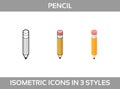 Simple Vector Icons of a classic pencil in three styles. Royalty Free Stock Photo