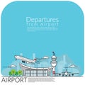 Simple vector illustration of airplane take off for departures from airport terminal and airplane parking at airfield.