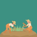 Simple Vector illustration background about couple farmer was harvesting rice and there was also a rice that had been tied up.