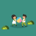 Simple Vector illustration background about Kids girl and boy brother sister fighting over a ball. The conflict between children. Royalty Free Stock Photo