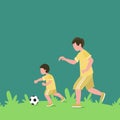 Simple Vector illustration background about young dad running and playing football soccer with his son in public field park vector