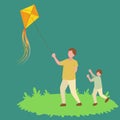 Simple Vector illustration background about young father and his son playing to fly kite up into the sky at outdoor field vector Royalty Free Stock Photo