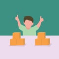 Simple Vector illustration background about a young happy boy playing a stack of puzzle blocks on a table and giving thumbs-up