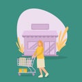 Simple Vector illustration background about young happy female pushing trolley at the supermarket while shopping fruits, Royalty Free Stock Photo