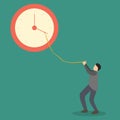 Simple Vector illustration background about young male worker pulling clockwise of big analog wall clock with rope. Time