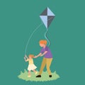 Simple Vector illustration background about young mother and her daughter playing to fly kite up into the sky at outdoor field. Royalty Free Stock Photo