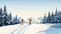 simple vector illustration, copy space, simple colors, 2 persons cross-country skiing. Illustration for publicity on a ski resort