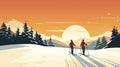 simple vector illustration, copy space, simple colors, 2 persons cross-country skiing. Illustration for publicity on a ski resort