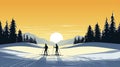 simple vector illustration, copy space, simple colors, 2 persons cross-country skiing. Illustration for publicity on a ski resort