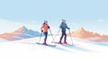 simple vector illustration, copy space, simple colors, 2 persons cross-country skiing. Illustration for publicity on a ski resort