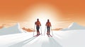 simple vector illustration, copy space, simple colors, 2 persons cross-country skiing. Illustration for publicity on a ski resort