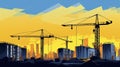 simple vector illustration, simple design, blue en yellow, rebuilding ukraine after the war, high cranes building a skyscraper